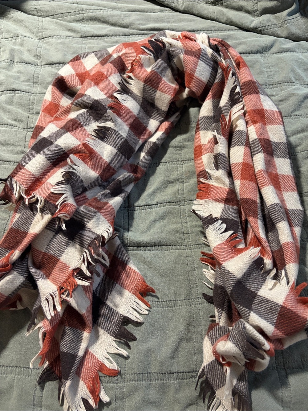 Plaid Fringe Winter Scarf - Rust, Black & White